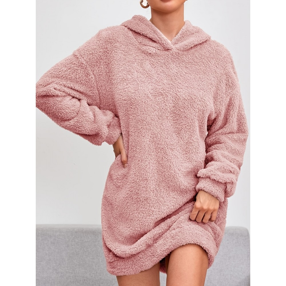 Solid Hooded Plush Dress, Casual Long Sleeve Warm Dress For Fall & Winter, Women's Clothing Solid Hooded Plush Dress, Casual Long Sleeve Warm Dress For Fall & Winter, Women's Clothing