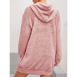 Solid Hooded Plush Dress, Casual Long Sleeve Warm Dress For Fall & Winter, Women's Clothing Solid Hooded Plush Dress, Casual Long Sleeve Warm Dress For Fall & Winter, Women's Clothing