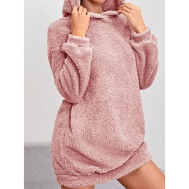 Solid Hooded Plush Dress, Casual Long Sleeve Warm Dress For Fall & Winter, Women's Clothing Solid Hooded Plush Dress, Casual Long Sleeve Warm Dress For Fall & Winter, Women's Clothing