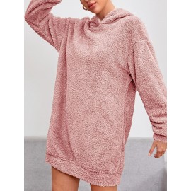 Solid Hooded Plush Dress, Casual Long Sleeve Warm Dress For Fall & Winter, Women's Clothing Solid Hooded Plush Dress, Casual Long Sleeve Warm Dress For Fall & Winter, Women's Clothing