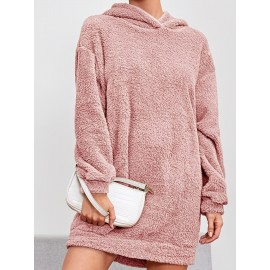 Solid Hooded Plush Dress, Casual Long Sleeve Warm Dress For Fall & Winter, Women's Clothing Solid Hooded Plush Dress, Casual Long Sleeve Warm Dress For Fall & Winter, Women's Clothing