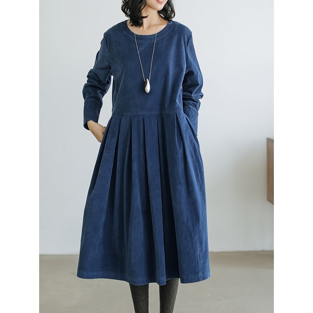 Ruched Solid Midi Dress, Casual Crew Neck Long Sleeve Dress, Women's Clothing Ruched Solid Midi Dress, Casual Crew Neck Long Sleeve Dress, Women's Clothing
