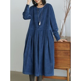 Ruched Solid Midi Dress, Casual Crew Neck Long Sleeve Dress, Women's Clothing Ruched Solid Midi Dress, Casual Crew Neck Long Sleeve Dress, Women's Clothing