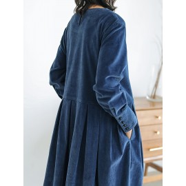 Ruched Solid Midi Dress, Casual Crew Neck Long Sleeve Dress, Women's Clothing Ruched Solid Midi Dress, Casual Crew Neck Long Sleeve Dress, Women's Clothing
