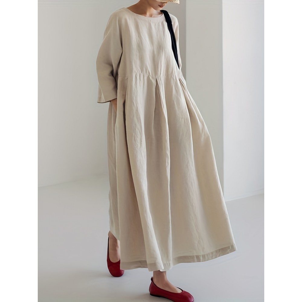 Solid Pleated Hem Maxi Dress, 3/4 Sleeve Loose Crew Neck Dress, Casual Dresses For Spring & Fall, Women's Clothing Solid Pleated Hem Maxi Dress, 3/4 Sleeve Loose Crew Neck Dress, Casual Dresses For Spring & Fall, Women's Clothing