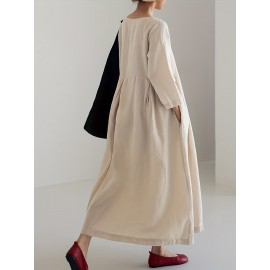 Solid Pleated Hem Maxi Dress, 3/4 Sleeve Loose Crew Neck Dress, Casual Dresses For Spring & Fall, Women's Clothing Solid Pleated Hem Maxi Dress, 3/4 Sleeve Loose Crew Neck Dress, Casual Dresses For Spring & Fall, Women's Clothing