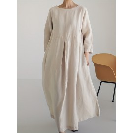 Solid Pleated Hem Maxi Dress, 3/4 Sleeve Loose Crew Neck Dress, Casual Dresses For Spring & Fall, Women's Clothing Solid Pleated Hem Maxi Dress, 3/4 Sleeve Loose Crew Neck Dress, Casual Dresses For Spring & Fall, Women's Clothing