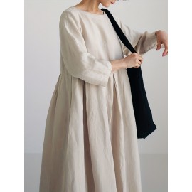Solid Pleated Hem Maxi Dress, 3/4 Sleeve Loose Crew Neck Dress, Casual Dresses For Spring & Fall, Women's Clothing Solid Pleated Hem Maxi Dress, 3/4 Sleeve Loose Crew Neck Dress, Casual Dresses For Spring & Fall, Women's Clothing