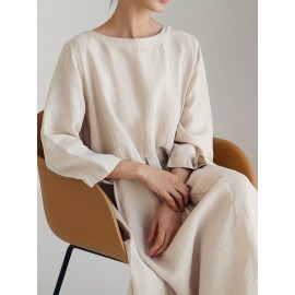 Solid Pleated Hem Maxi Dress, 3/4 Sleeve Loose Crew Neck Dress, Casual Dresses For Spring & Fall, Women's Clothing Solid Pleated Hem Maxi Dress, 3/4 Sleeve Loose Crew Neck Dress, Casual Dresses For Spring & Fall, Women's Clothing