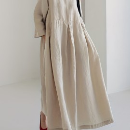 Solid Pleated Hem Maxi Dress, 3/4 Sleeve Loose Crew Neck Dress, Casual Dresses For Spring & Fall, Women's Clothing Solid Pleated Hem Maxi Dress, 3/4 Sleeve Loose Crew Neck Dress, Casual Dresses For Spring & Fall, Women's Clothing