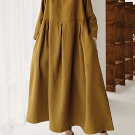 Solid Pleated Hem Maxi Dress, 3/4 Sleeve Loose Crew Neck Dress, Casual Dresses For Spring & Fall, Women's Clothing Solid Pleated Hem Maxi Dress, 3/4 Sleeve Loose Crew Neck Dress, Casual Dresses For Spring & Fall, Women's Clothing