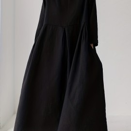 Solid Pleated Hem Maxi Dress, 3/4 Sleeve Loose Crew Neck Dress, Casual Dresses For Spring & Fall, Women's Clothing Solid Pleated Hem Maxi Dress, 3/4 Sleeve Loose Crew Neck Dress, Casual Dresses For Spring & Fall, Women's Clothing