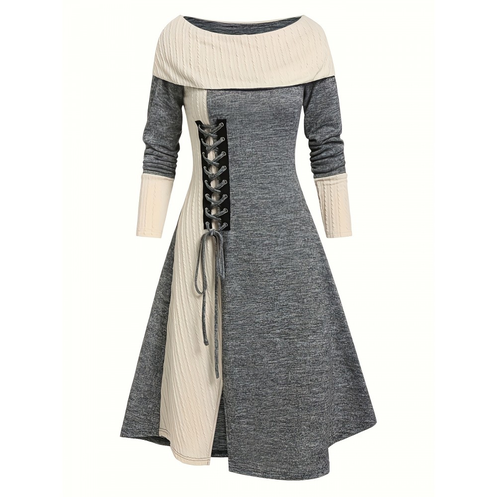 Color Block Tie Front Dress, Casual Boat Neck Long Sleeve Dress, Women's Clothing Color Block Tie Front Dress, Casual Boat Neck Long Sleeve Dress, Women's Clothing