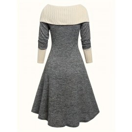 Color Block Tie Front Dress, Casual Boat Neck Long Sleeve Dress, Women's Clothing Color Block Tie Front Dress, Casual Boat Neck Long Sleeve Dress, Women's Clothing