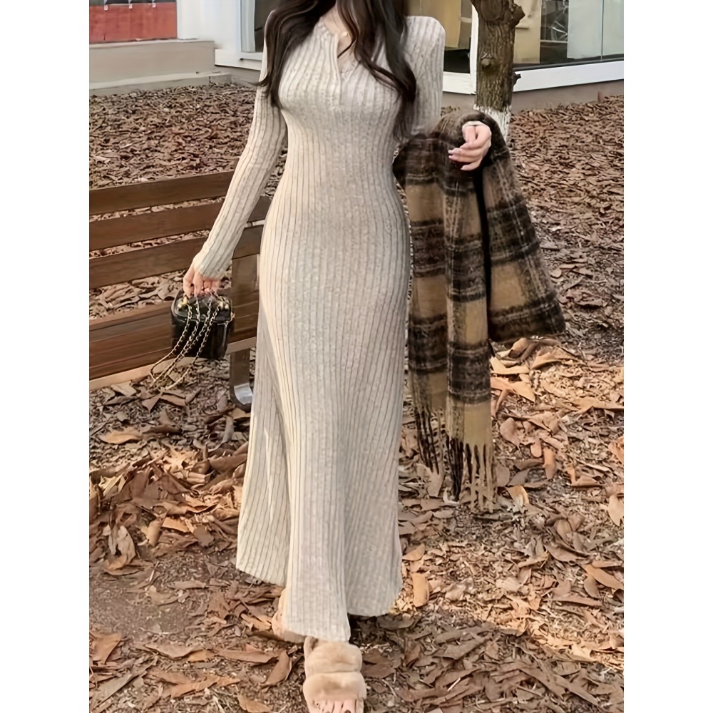 Ribbed V Neck Dress, Casual Long Sleeve Dress For Fall & Winter, Women's Clothing Ribbed V Neck Dress, Casual Long Sleeve Dress For Fall & Winter, Women's Clothing
