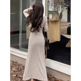 Ribbed V Neck Dress, Casual Long Sleeve Dress For Fall & Winter, Women's Clothing Ribbed V Neck Dress, Casual Long Sleeve Dress For Fall & Winter, Women's Clothing
