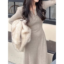 Ribbed V Neck Dress, Casual Long Sleeve Dress For Fall & Winter, Women's Clothing Ribbed V Neck Dress, Casual Long Sleeve Dress For Fall & Winter, Women's Clothing