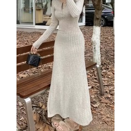 Ribbed V Neck Dress, Casual Long Sleeve Dress For Fall & Winter, Women's Clothing Ribbed V Neck Dress, Casual Long Sleeve Dress For Fall & Winter, Women's Clothing