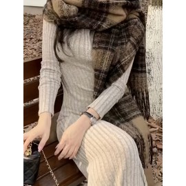Ribbed V Neck Dress, Casual Long Sleeve Dress For Fall & Winter, Women's Clothing Ribbed V Neck Dress, Casual Long Sleeve Dress For Fall & Winter, Women's Clothing