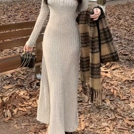 Ribbed V Neck Dress, Casual Long Sleeve Dress For Fall & Winter, Women's Clothing Ribbed V Neck Dress, Casual Long Sleeve Dress For Fall & Winter, Women's Clothing