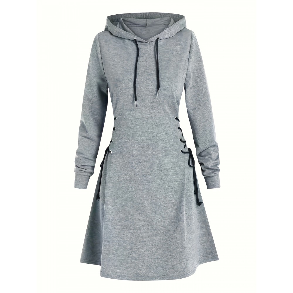 Drawstring Hooded Dress, Casual Long Sleeve Solid Dress, Women's Clothing Drawstring Hooded Dress, Casual Long Sleeve Solid Dress, Women's Clothing