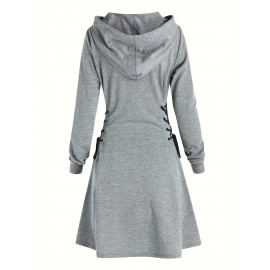 Drawstring Hooded Dress, Casual Long Sleeve Solid Dress, Women's Clothing Drawstring Hooded Dress, Casual Long Sleeve Solid Dress, Women's Clothing