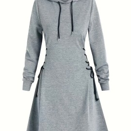 Drawstring Hooded Dress, Casual Long Sleeve Solid Dress, Women's Clothing Drawstring Hooded Dress, Casual Long Sleeve Solid Dress, Women's Clothing