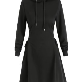 Drawstring Hooded Dress, Casual Long Sleeve Solid Dress, Women's Clothing Drawstring Hooded Dress, Casual Long Sleeve Solid Dress, Women's Clothing