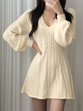 Solid Cable V Neck Sweater Dress, Casual Long Sleeve A Line Dress, Women's Clothing