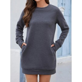 Casual Crew Neck Sweatshirt Dress, Long Sleeve With Pocket Sweatshirt Dresses , Women's Clothings Casual Crew Neck Sweatshirt Dress, Long Sleeve With Pocket Sweatshirt Dresses , Women's Clothings