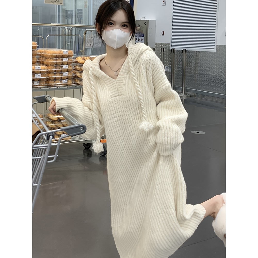 Solid Long Sleeve Hooded Knit Dress, Casual Drawstring Thermal Dress For Fall & Winter, Women's Clothing Solid Long Sleeve Hooded Knit Dress, Casual Drawstring Thermal Dress For Fall & Winter, Women's Clothing