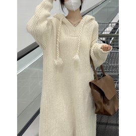 Solid Long Sleeve Hooded Knit Dress, Casual Drawstring Thermal Dress For Fall & Winter, Women's Clothing Solid Long Sleeve Hooded Knit Dress, Casual Drawstring Thermal Dress For Fall & Winter, Women's Clothing