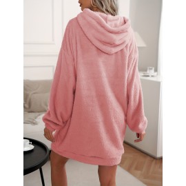 Hooded Teddy Dress, Casual Solid Long Sleeve Warm Dress, Women's Clothing Hooded Teddy Dress, Casual Solid Long Sleeve Warm Dress, Women's Clothing