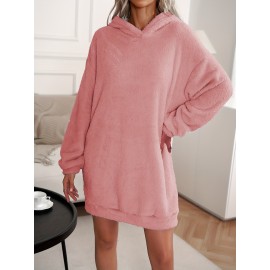 Hooded Teddy Dress, Casual Solid Long Sleeve Warm Dress, Women's Clothing Hooded Teddy Dress, Casual Solid Long Sleeve Warm Dress, Women's Clothing