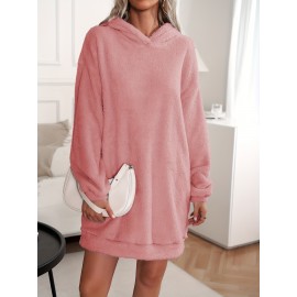 Hooded Teddy Dress, Casual Solid Long Sleeve Warm Dress, Women's Clothing Hooded Teddy Dress, Casual Solid Long Sleeve Warm Dress, Women's Clothing
