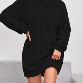 Hooded Teddy Dress, Casual Solid Long Sleeve Warm Dress, Women's Clothing Hooded Teddy Dress, Casual Solid Long Sleeve Warm Dress, Women's Clothing