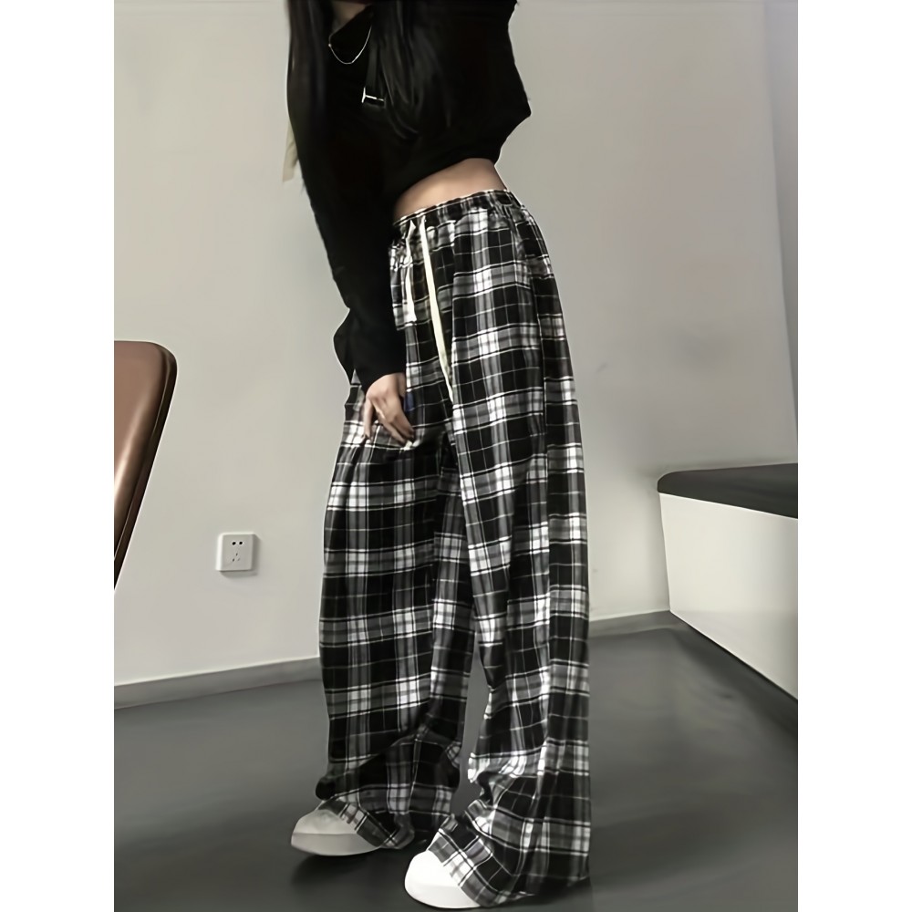Plaid Drawstring Straight Leg Pants, Casual Loose Pants For Spring & Fall, Women's Clothing Plaid Drawstring Straight Leg Pants, Casual Loose Pants For Spring & Fall, Women's Clothing