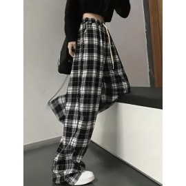 Plaid Drawstring Straight Leg Pants, Casual Loose Pants For Spring & Fall, Women's Clothing Plaid Drawstring Straight Leg Pants, Casual Loose Pants For Spring & Fall, Women's Clothing
