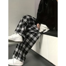 Plaid Drawstring Straight Leg Pants, Casual Loose Pants For Spring & Fall, Women's Clothing Plaid Drawstring Straight Leg Pants, Casual Loose Pants For Spring & Fall, Women's Clothing