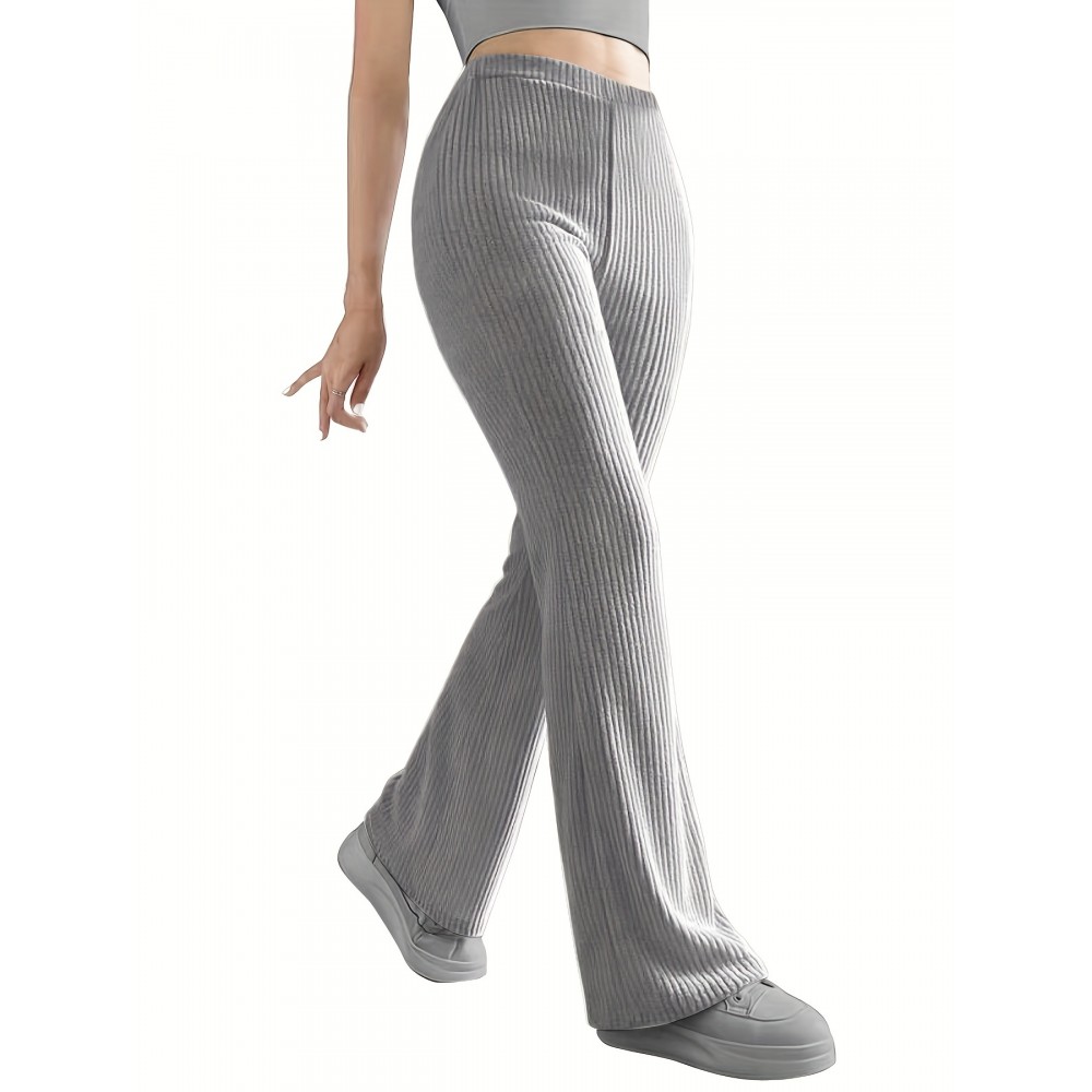 Solid Ribbed Knit Wide-Leg Pants, Causal High Waist Pants For Spring & Fall, Women's Clothing Solid Ribbed Knit Wide-Leg Pants, Causal High Waist Pants For Spring & Fall, Women's Clothing