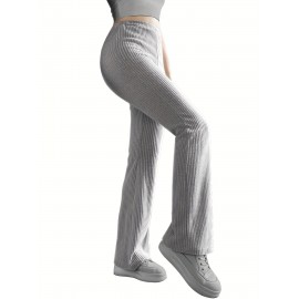 Solid Ribbed Knit Wide-Leg Pants, Causal High Waist Pants For Spring & Fall, Women's Clothing Solid Ribbed Knit Wide-Leg Pants, Causal High Waist Pants For Spring & Fall, Women's Clothing