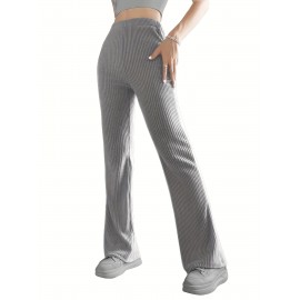 Solid Ribbed Knit Wide-Leg Pants, Causal High Waist Pants For Spring & Fall, Women's Clothing Solid Ribbed Knit Wide-Leg Pants, Causal High Waist Pants For Spring & Fall, Women's Clothing