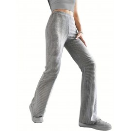 Solid Ribbed Knit Wide-Leg Pants, Causal High Waist Pants For Spring & Fall, Women's Clothing Solid Ribbed Knit Wide-Leg Pants, Causal High Waist Pants For Spring & Fall, Women's Clothing