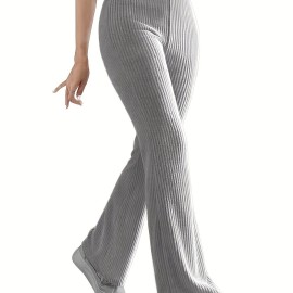 Solid Ribbed Knit Wide-Leg Pants, Causal High Waist Pants For Spring & Fall, Women's Clothing Solid Ribbed Knit Wide-Leg Pants, Causal High Waist Pants For Spring & Fall, Women's Clothing