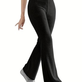 Solid Ribbed Knit Wide-Leg Pants, Causal High Waist Pants For Spring & Fall, Women's Clothing Solid Ribbed Knit Wide-Leg Pants, Causal High Waist Pants For Spring & Fall, Women's Clothing