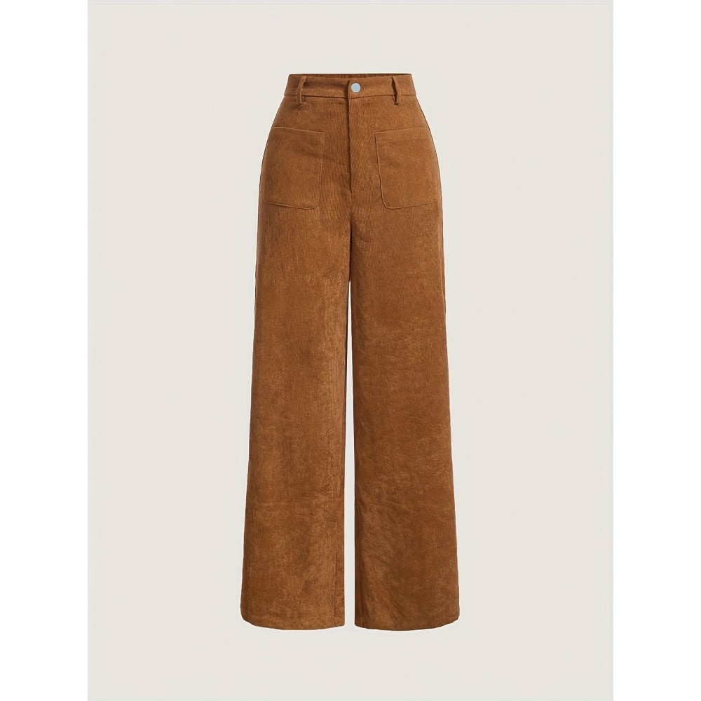 Solid Corduroy Straight Leg Pants, Vintage Patched Pocket Loose Pants, Women's Clothing Solid Corduroy Straight Leg Pants, Vintage Patched Pocket Loose Pants, Women's Clothing