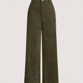 Solid Corduroy Straight Leg Pants, Vintage Patched Pocket Loose Pants, Women's Clothing Solid Corduroy Straight Leg Pants, Vintage Patched Pocket Loose Pants, Women's Clothing