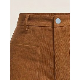 Solid Corduroy Straight Leg Pants, Vintage Patched Pocket Loose Pants, Women's Clothing Solid Corduroy Straight Leg Pants, Vintage Patched Pocket Loose Pants, Women's Clothing