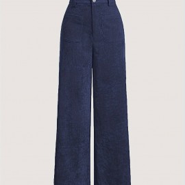 Solid Corduroy Straight Leg Pants, Vintage Patched Pocket Loose Pants, Women's Clothing Solid Corduroy Straight Leg Pants, Vintage Patched Pocket Loose Pants, Women's Clothing
