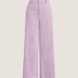 Solid Corduroy Straight Leg Pants, Vintage Patched Pocket Loose Pants, Women's Clothing Solid Corduroy Straight Leg Pants, Vintage Patched Pocket Loose Pants, Women's Clothing